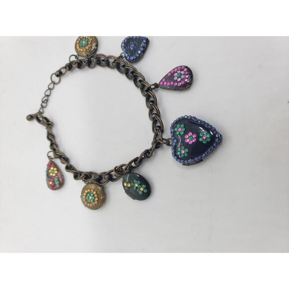 Puffy Heart Charm Bracelet Brass Tone Enamel Decor Teardrop 7 Locket Charms - Picture 5 of 14